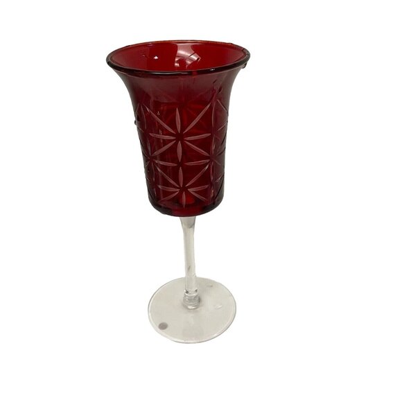 Candle Holder Red Cut Clear Glass Votive Star Starburst Stem Home Decor Holiday - Picture 1 of 7